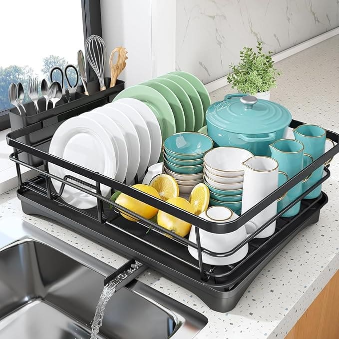 Dish Drying Rack - Stainless Steel Dish Rack with Drainboard for Kitchen Counter and Sink, Dish Drainer with Removable Utensil Holder