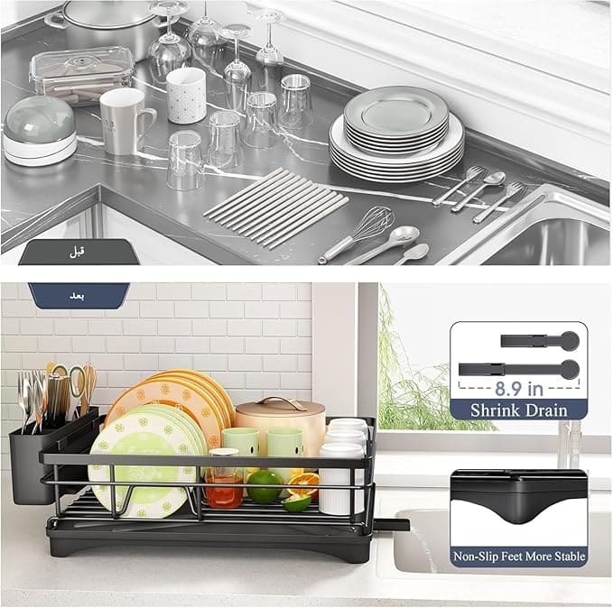 Dish Drying Rack - Stainless Steel Dish Rack with Drainboard for Kitchen Counter and Sink, Dish Drainer with Removable Utensil Holder